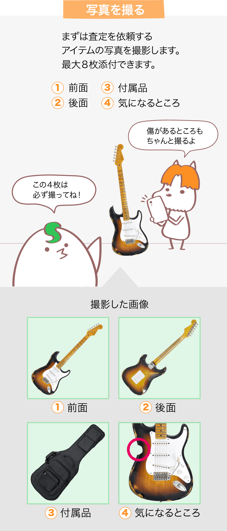 写真を撮る まずは査定を依頼するアイテムの写真を撮影します。最大８枚添付できます。 1.前面 2.後面 3.付属品 4.気になるところ この４枚は必ず撮ってね！ 傷があるところもちゃんと撮るよ