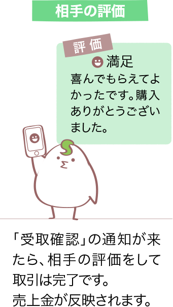 相手の評価  「受取確認」の通知が来たら、相手の評価をして取引は完了です。